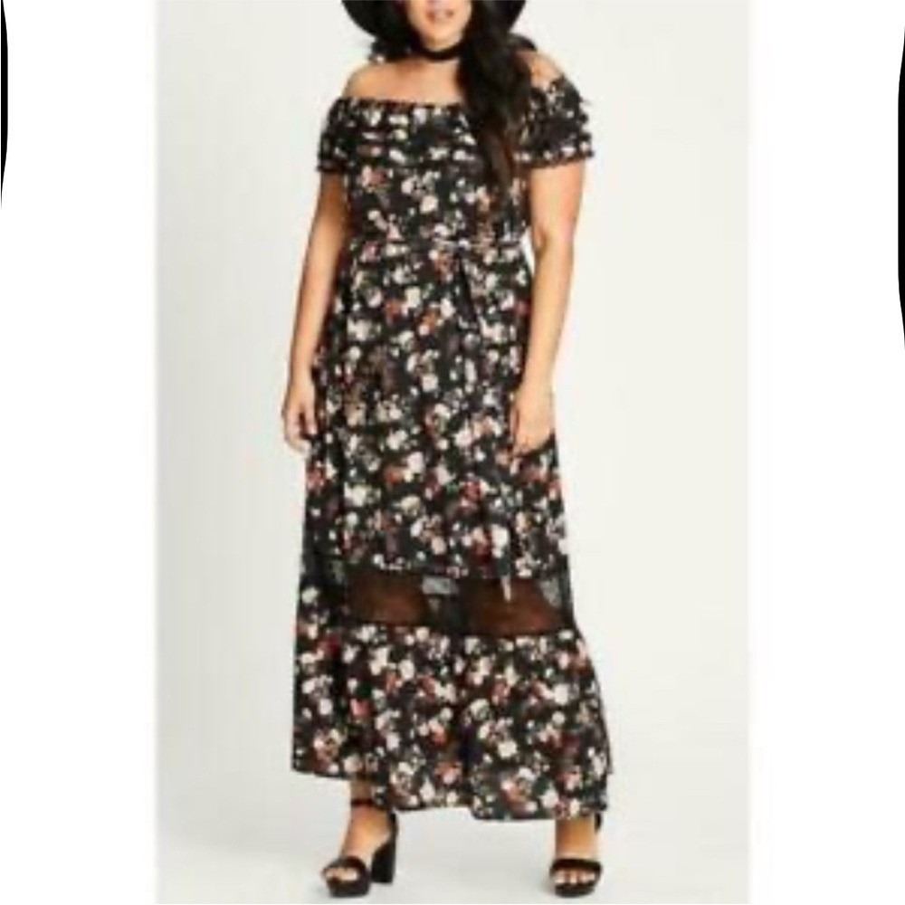 City Chic Maxi Dress Womens M/18 Black Floral Off Shoulder Lace Trim Ruffle